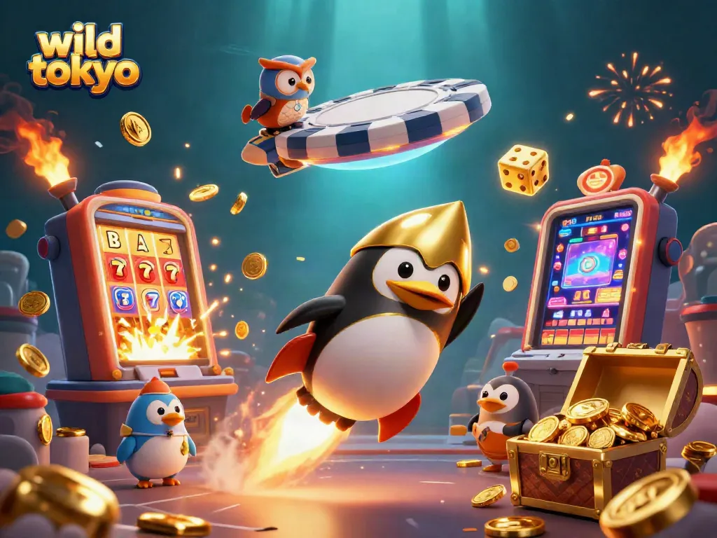Experience thrilling gaming at wild tokyo with vibrant symbols and rich rewards in this 3D illustration.