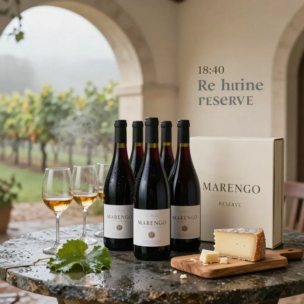 Bottiglie Marengo Vini e calici su pietra bagnata in un cortile dopo la pioggia