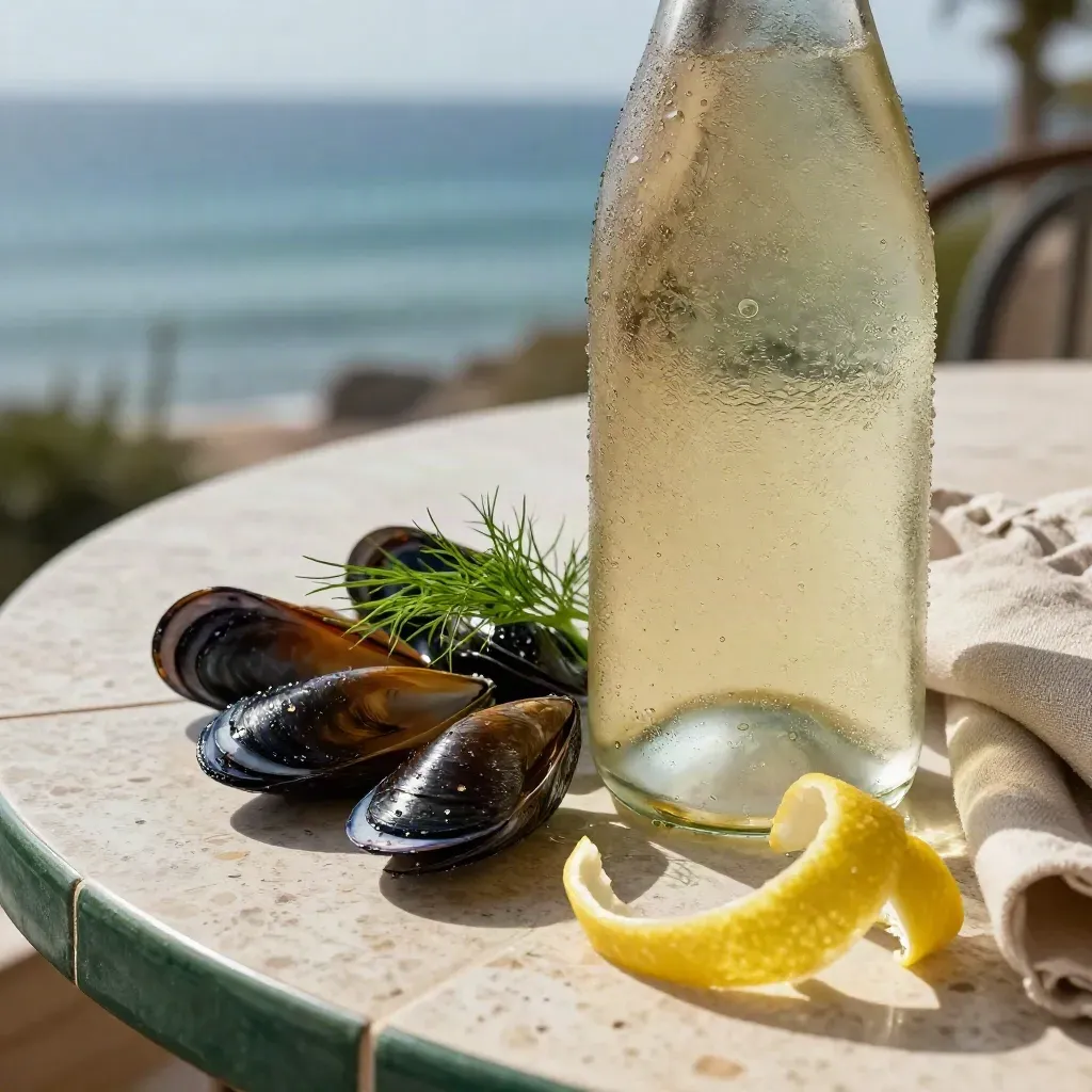Bottiglia di vino bianco con cozze, finocchio, limone e lino su tavolo sul mare.