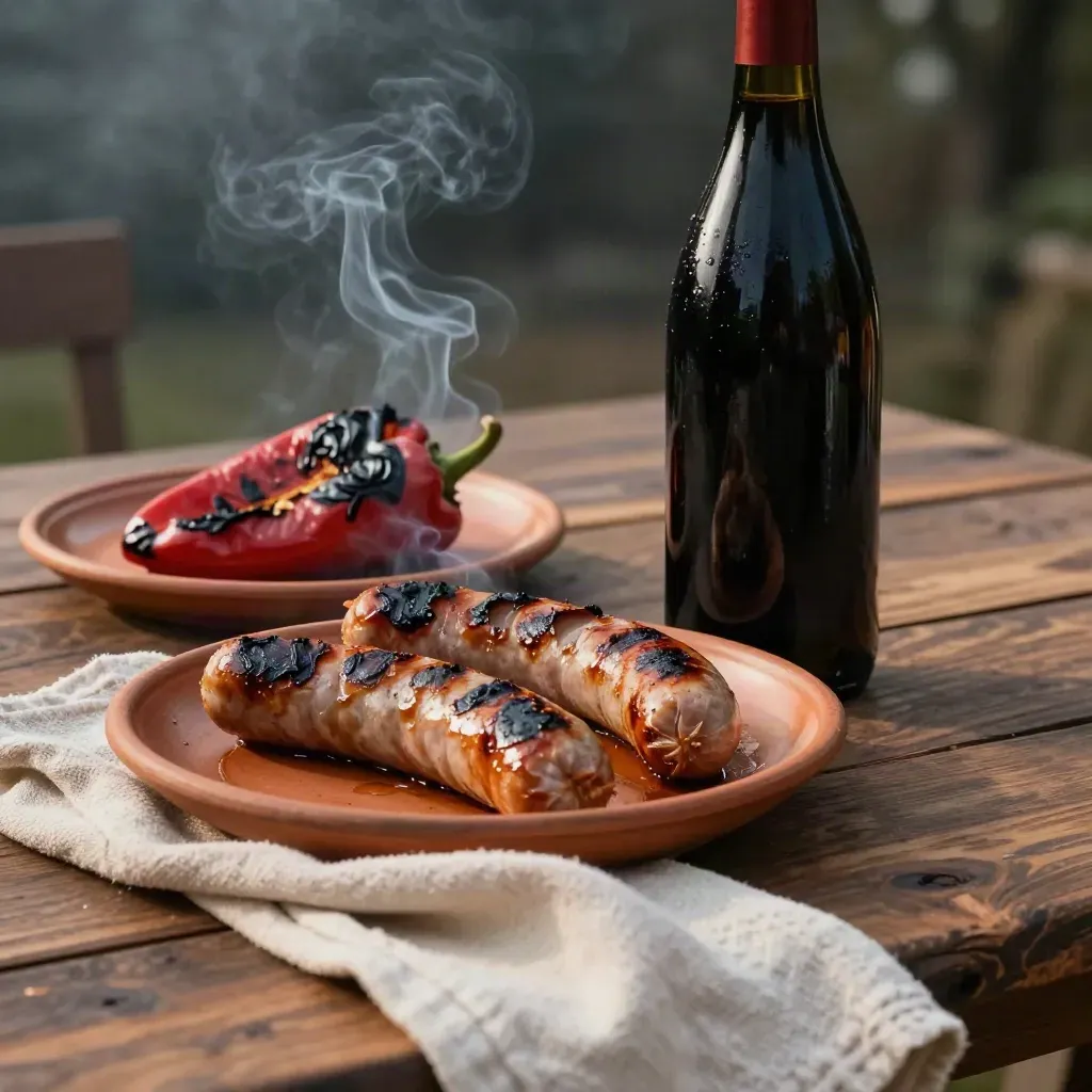 Bottiglia di Barbera con salsiccia alla griglia, peperone arrostito e fumo serale su tavolo rustico
