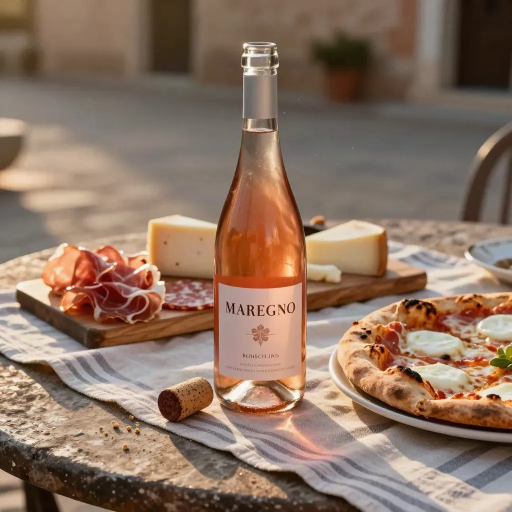 Bottiglia di rosato con salumi, pizza e tappo che cade su un tavolo in cortile al tramonto.