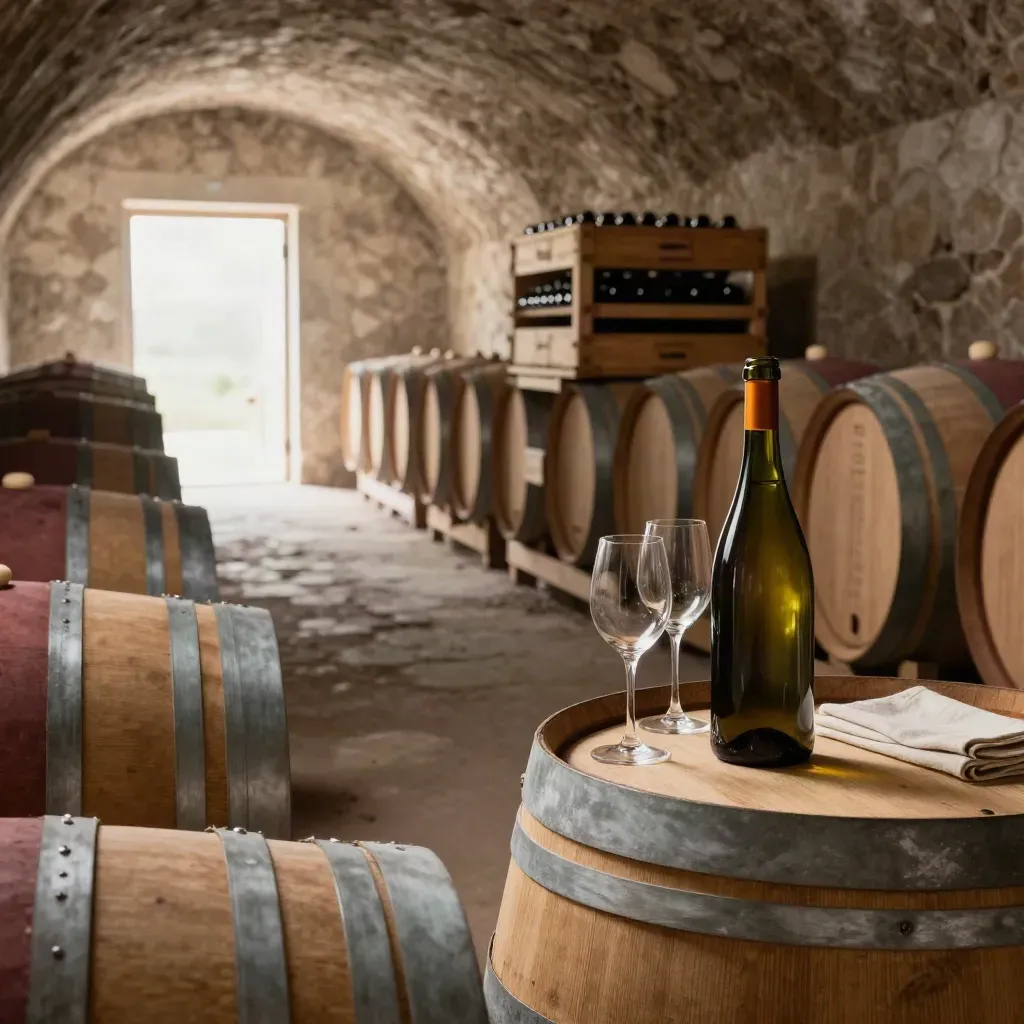 Corsia di cantina con botti, casse di vino e bottiglia di riserva aperta su una botte
