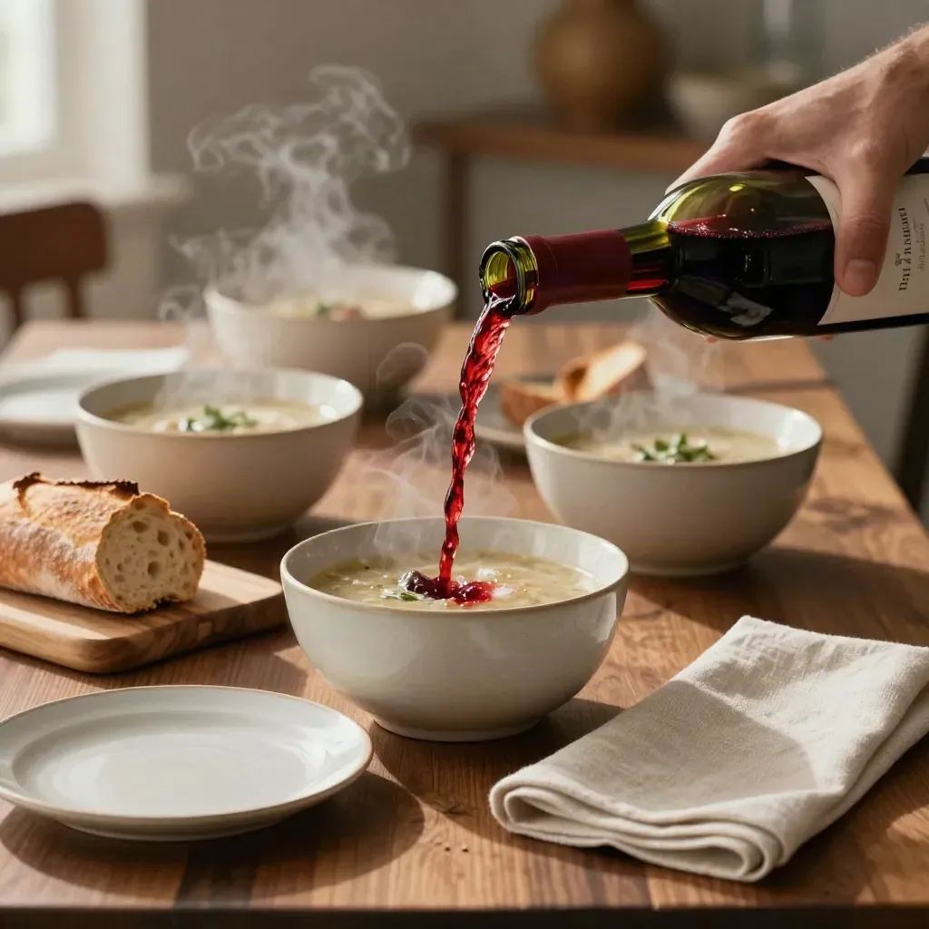 Bottiglia di rosso a tavola con zuppa fumante, pane e tovagliolo di lino, in luce calda.