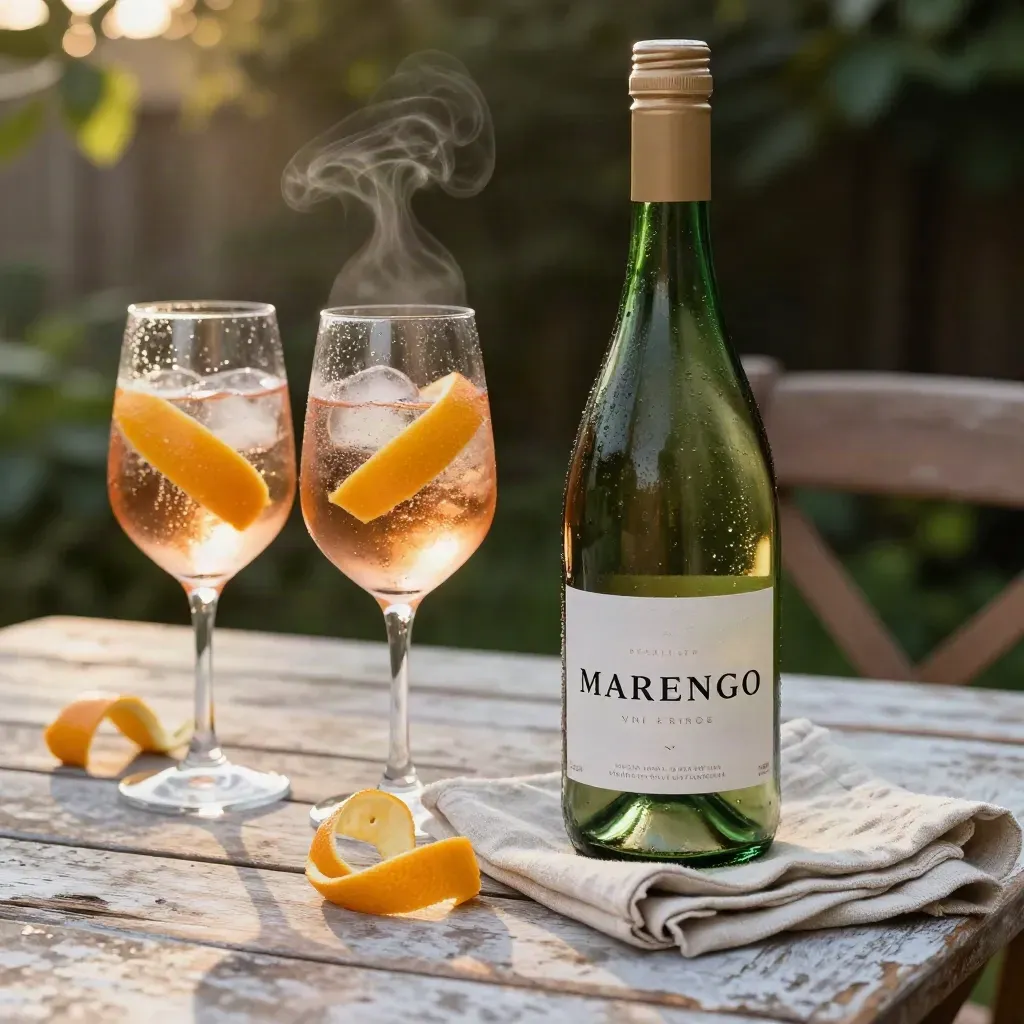 Bottiglia di rosato con spritz, scorza di agrumi e tovagliolo su tavolo da giardino al tramonto