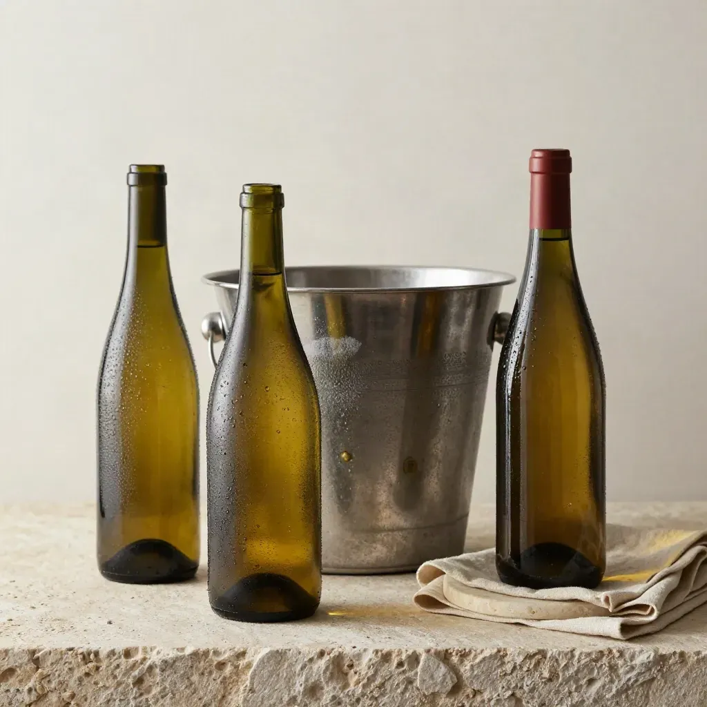 Tre bottiglie di vino con secchiello del ghiaccio e lino su pietra, atmosfera fresca.